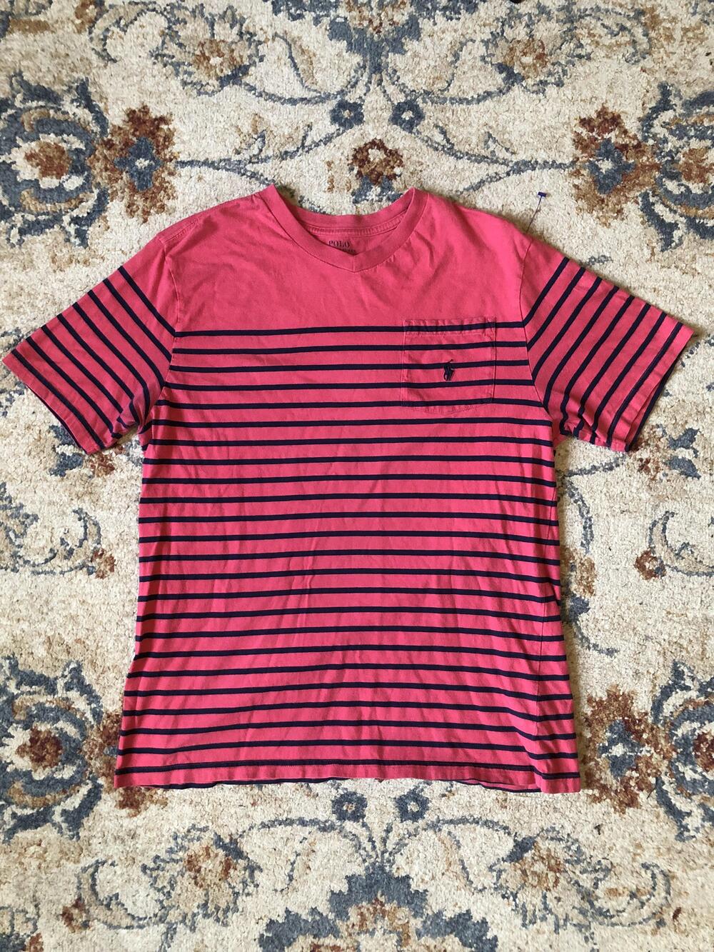 Polo Ralph Lauren Shirt Mens XL Red Navy Blue Striped Pocket Pony Tee Cotton